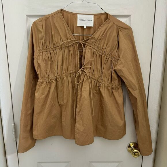 NWOT The Bali Tailor Dara Top Tie Front Sz 2 Medium Taupe Tan Australian Ruched - Picture 1 of 5